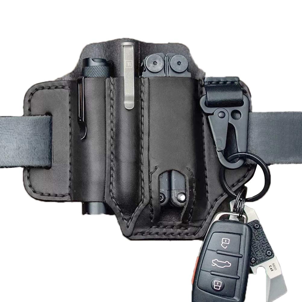 EN7JIOY Yunobi Leather Sheath for EDC Organizer Belt Loop Leather Multitool Holder with Key Holder for Belt and Flashlight Sheath Multitool Pouch,Black