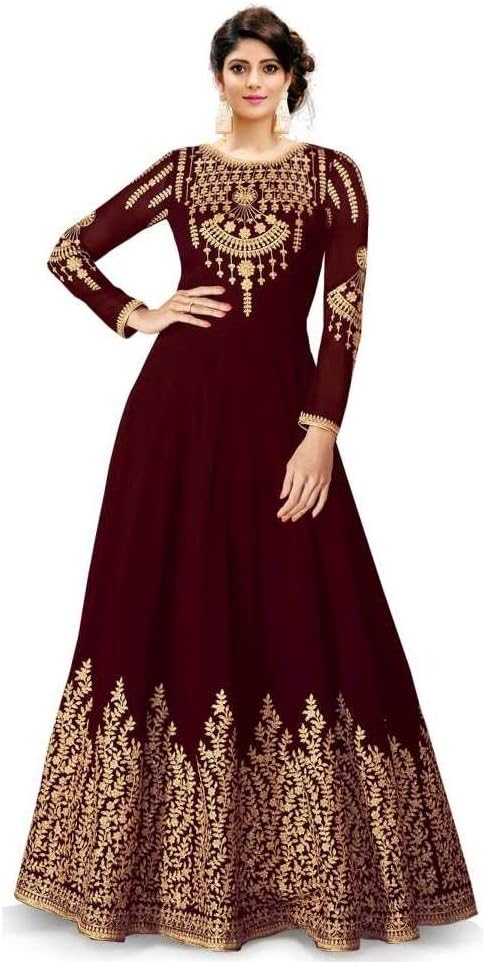 Fast Fashions Women's Embroidered Taffeta Silk Semi Stitched Anarkali Gown (Maroon_Free Size)