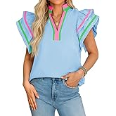 Cicy Bell Womens Ruffle Cap Sleeve Tops Color Block V Neck Dressy Casual Blouses Summer Pleated Loose Fit Shirts