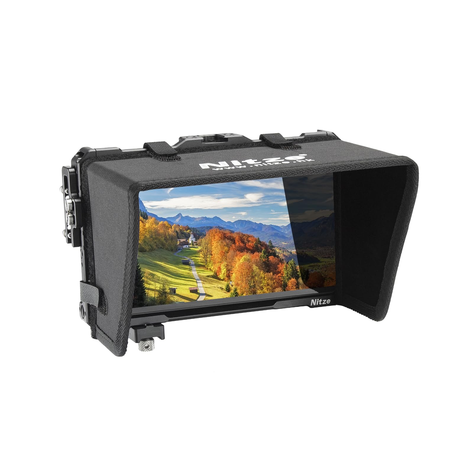 Nitze Cage for Feelworld F7 PRO Monitor with Nylon Sunhood, with HDMI and USB-C Cable Clamp - JT-F03B