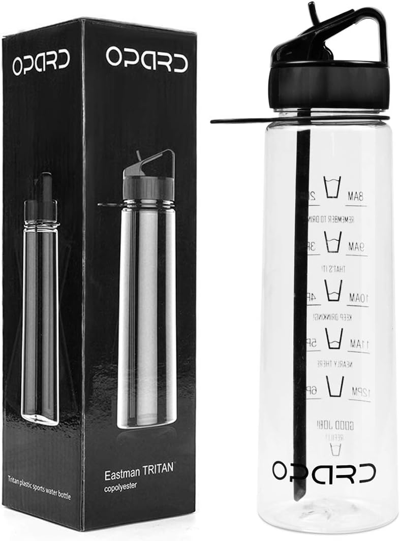 900ml Straw Water Bottle 100% BPA Free Tritan Sports Flip Straw Water Bottle Leakproof Hydration Bottles with Detachable Straw, Nozzle & Time Markings