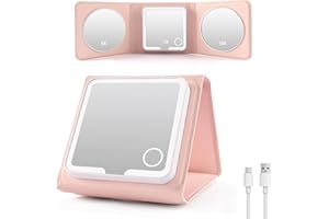 Falebare Compact Mirror, Portable Travel Makeup Mirror with Lights, 1X/5X/10X Magnification LED Adjustable Brightness, Rechargeable Trifold Mini Mirror for Purse, Pink PU Leather, Ideal Gift for Women