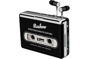Reshow Cassette Tape Player, Portable Tape Player Audio Cassette to Digital Converter, Convert Cassette Tape Recorder to iPod Format Compatible with Laptops and Personal Computers - Black