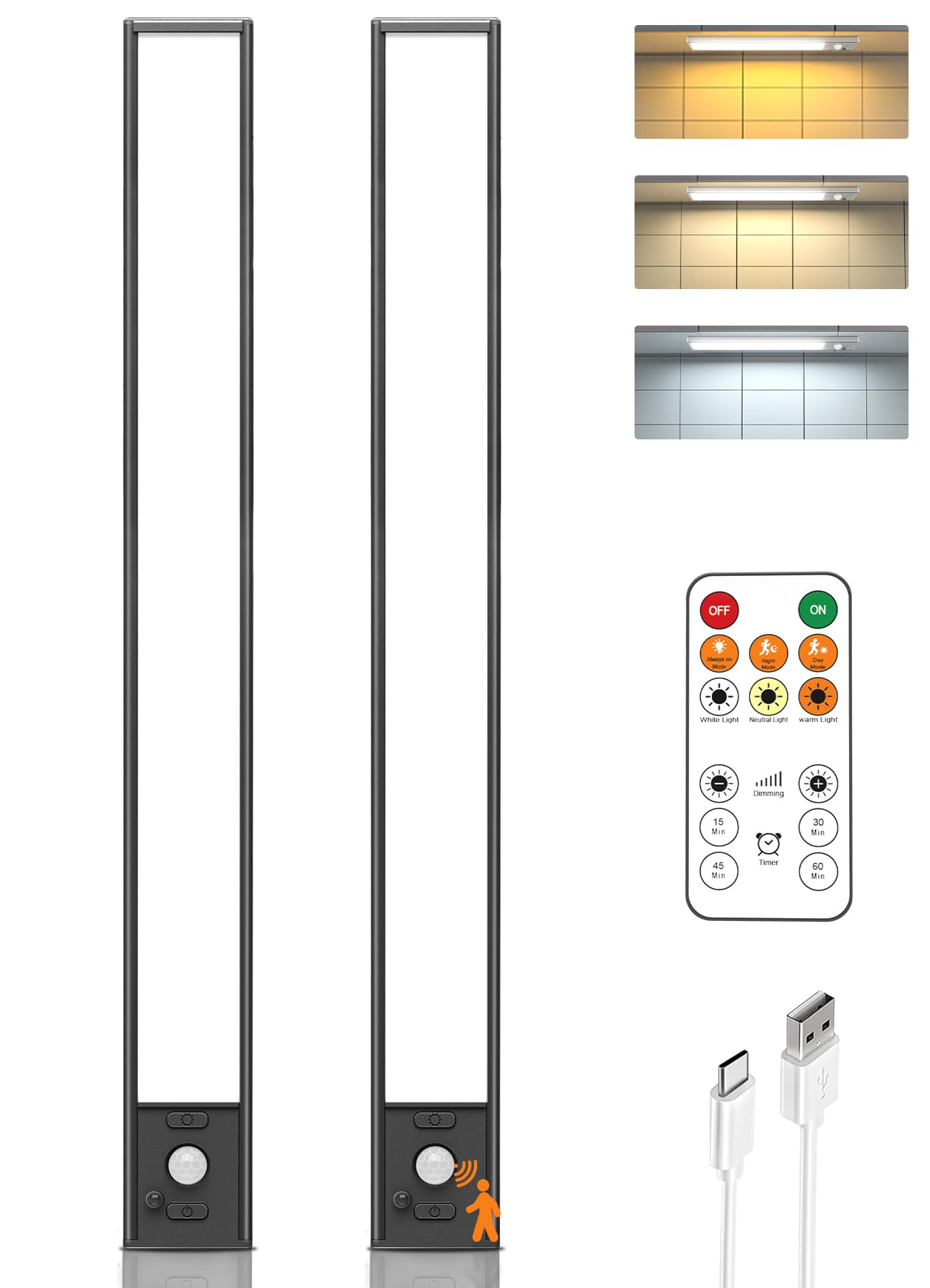 Photo 1 of 16in Under Cabinet Lighting with Remote Control,160 LED Motion Sensor Light Indoor,4000mAh USB Rechargeable Closet Lights,3 Color Temps Wireless Under Counter Lights for Kitchen,Pantry, Stair, 2 Pack