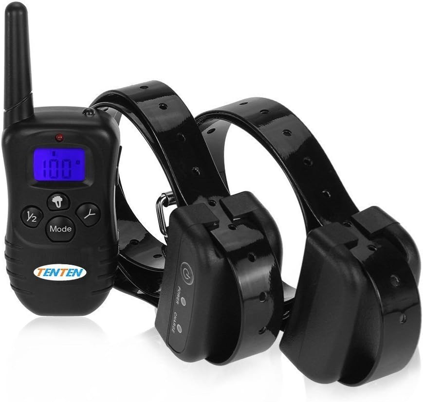 TENTEN 4 in 1 Wireless Rechargeable and Waterproof Dog Training Collar, Remote Control Pet Training Collars with Blue Backlight LCD Display and Backlight Buttons, Shock and Vibrate