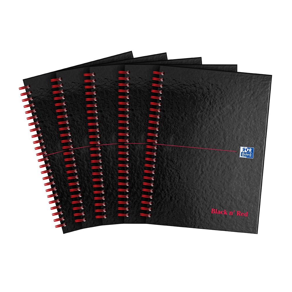 Oxford Black n' Red A5 Glossy Hardback Wirebound Notebook Ruled 140 Page, 5 Notebooks