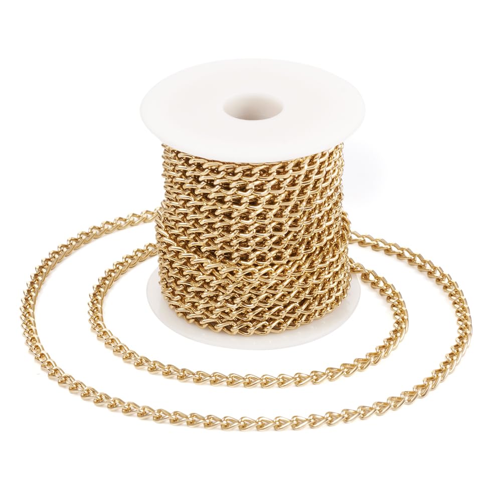 Boutigem 32.8 Feet Aluminium Curb Chains Golden Twisted Link Chains Bulk with Spool 6x4x1.1mm for DIY Necklace Jewelry Making