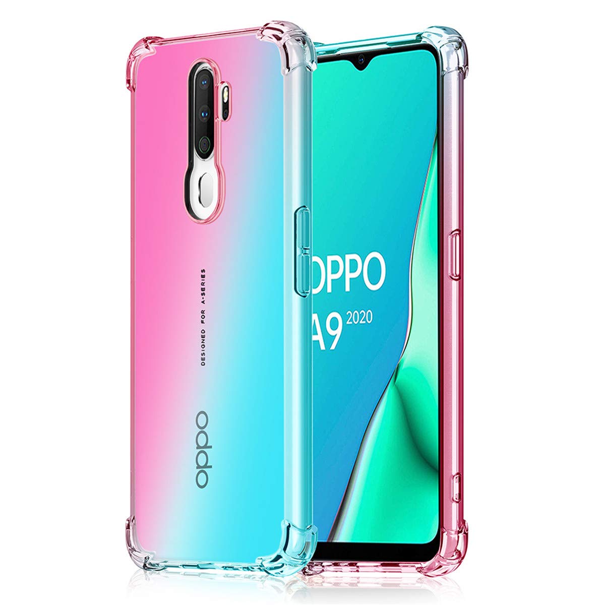 Adamarker Designed for Oppo A5 2020 / A9 2020 / A11X / A11 Case Gradient Rainbow Crystal Clear Soft TPU Silicone Cover (Pink-Green)