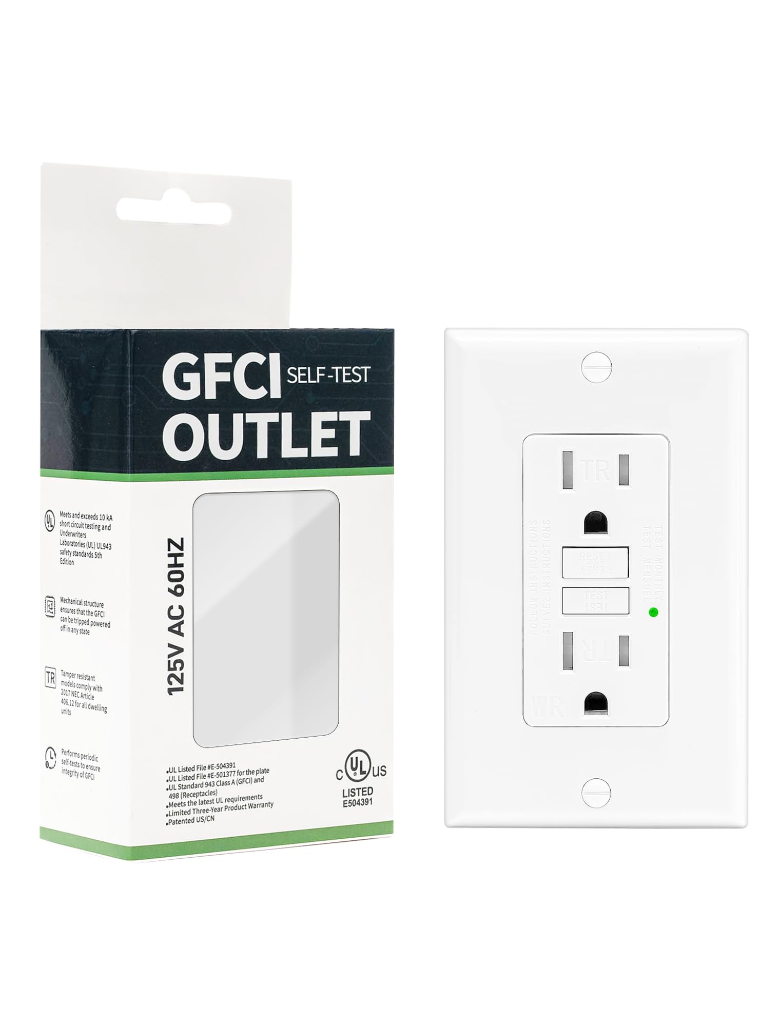 Photo 1 of 1-Pack 15 Amp GFI Electrical GFCI Outlet Self-Test Tamper Resistant (TR) Weather Resistant (WR) Ground Fault Receptacle with LED Indicator UL Listed Standard Wall Plate Included White