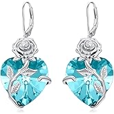 OCJ Birthstone Earrings for Women 925 Sterling Silver Rose Flower Leverback Earrings Heart Birthstone Dangle Drop Jewelry Anniversary Birthday Christmas Gifts for Women Her Wife Girlfriend