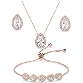 UDYLGOON Cubic Zirconia Wedding Jewelry Sets for Bride Bridesmaid, Teardrop Earrings Pendant Necklace Adjusable Bracelet Party Wedding Homecoming Jewelry