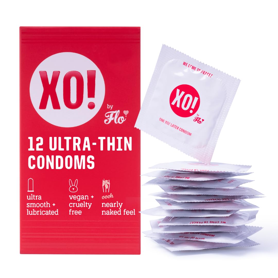 XO! Ultra-Thin Condoms, Natural Feel Lubricated Latex Condoms, Smooth & Unscented, Eco-friendly & Extra-Safe - Pack of 12