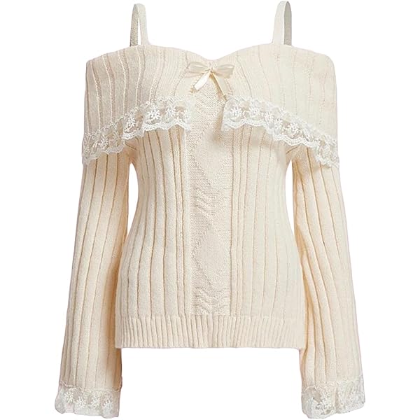 Women Y2K Off Shoulder Top Sweater Long Sleeve Lace Trim Knitted