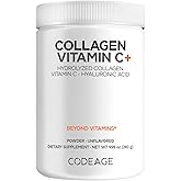 Codeage Collagen Peptides Powder + Vitamin C - 20g Grass-Fed Collagen Per Serving - Digestive Enzymes, Hyaluronic Acid, 18 Amino Acids - Hydrolyzed Collagen Protein - Non-GMO, Unflavored - 9.98 oz