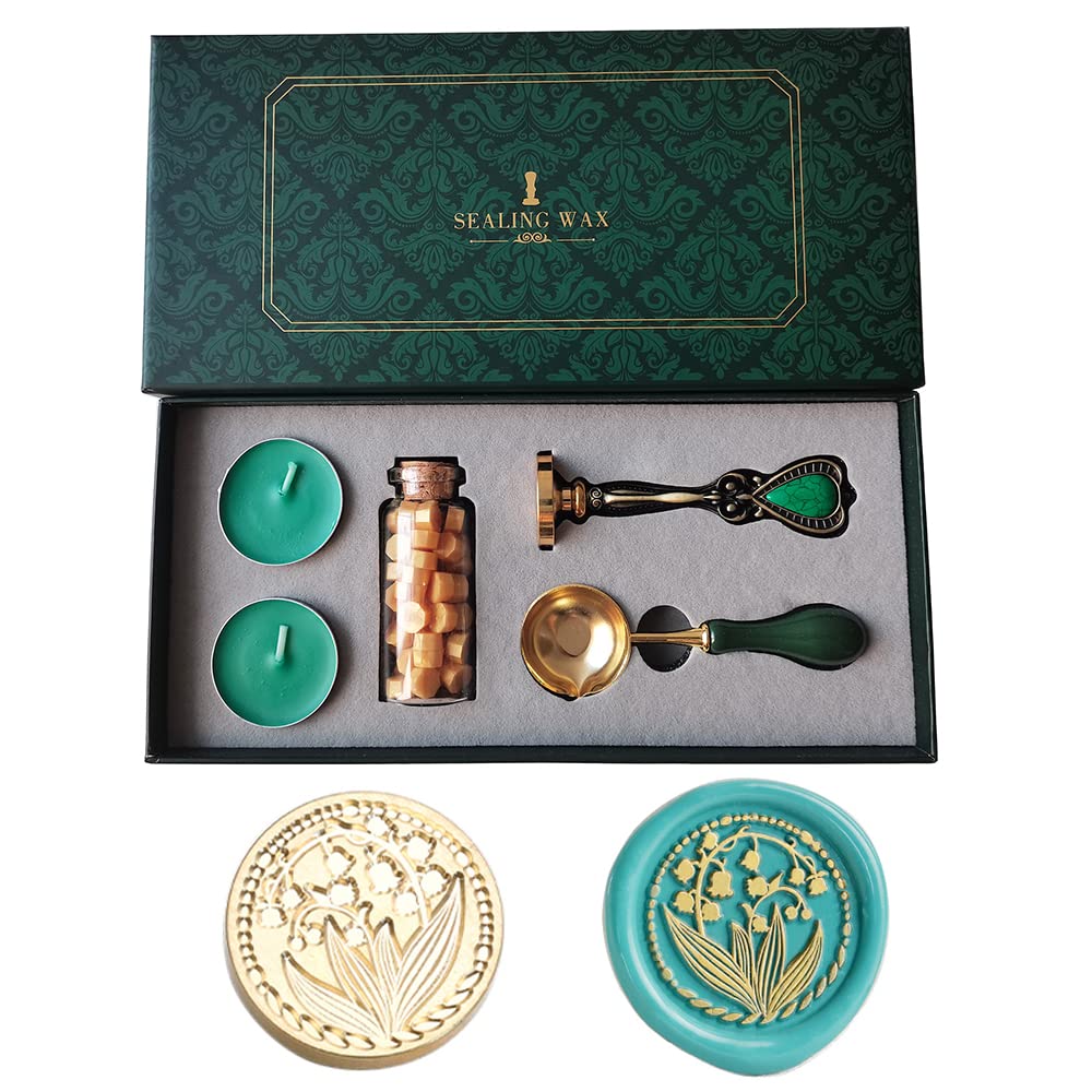 PORXFLY Wax Seal Stamp Set,Vintage Personalized European style Wax Seal Stamp Kit Gift Box Set for Wedding Invitations, Letters,Wine Packages,Cards Envelopes, Gift Wrapping (Lily of the Valley)