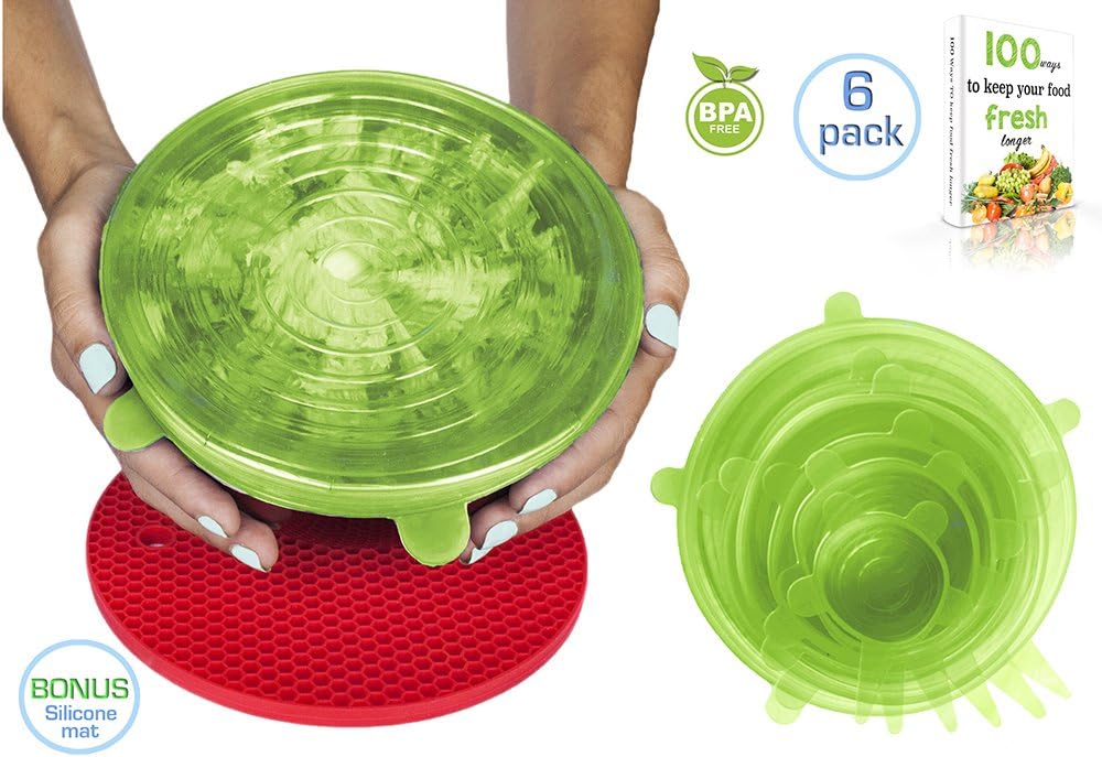 Arua Home 6 Silicone Stretch Lids with Bonus Pot Holder Trivet 3 Colors Reusable, Expandable, Durable, Versatile Food Covers for Bowls, Containers, Cans, Mason Jars, Mugs