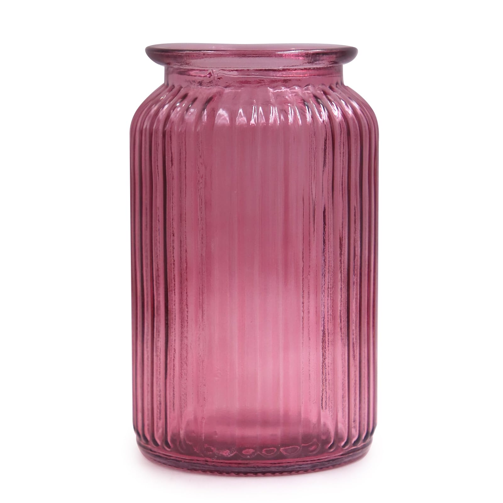 OFFIDIX Glass Vase, Modern Minimalist Style Vertical Stripe Column Flower Vase for Office, Home, Party and Wedding Decoration (Rose Red)