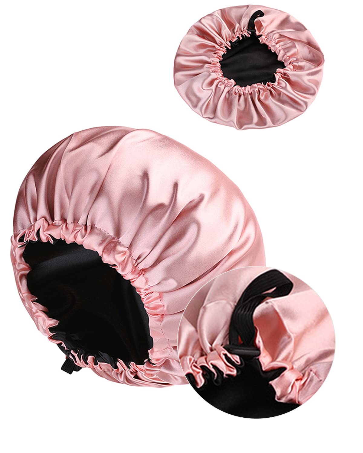 MUFEKUM Satin Sleep Cap, Large Adjustable Double Sided Pink & Black, Silk Bonnet for Women Girls, Curly Hair Protection