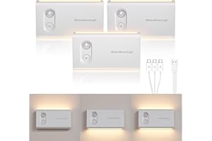 Hikrum Rechargeable Motion Sensor Light Indoor, Dimmable Warm White LED Night Light, Magnetic, Adjustable Emission Direction for Hallway, Stair, Toilet, and Under Cabinet Lighting, (3 Pack)