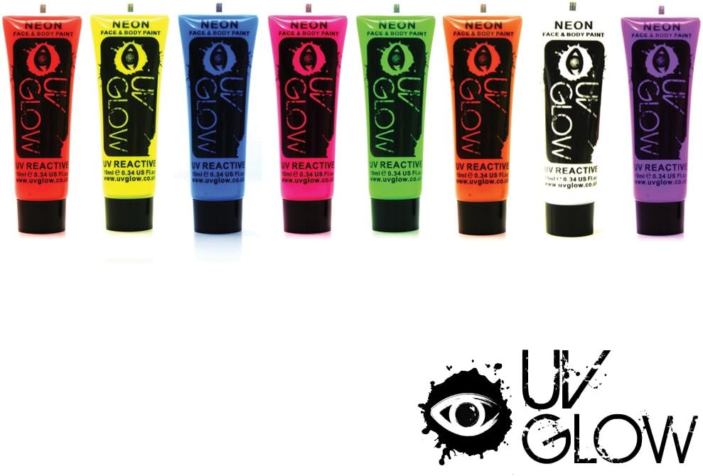 UV Glow Neon Face and Body Paint 10ml - Pack of 24, Pink, Orange, Red, Yellow, Green, Blue, Purple, White, 10 ml (Pack of 24) - Image 3