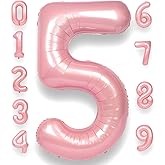 RainbowQ Party 5 Balloon Number 40 Inch for Boy or Girl Big Pink 0-9 Foil Mylar Large 5 Number Balloon Happy 5th Birthday Party Anniversary Decorations Supplies