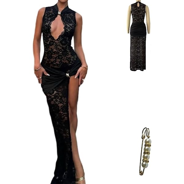 Amazon.com: Sexy See Through Mesh Sheer Lace Patchwork Maxi Dress  Perspective Ruffle Backless Long Dress Split Beach Party Wear: Clothing,  Shoes & Jewelry