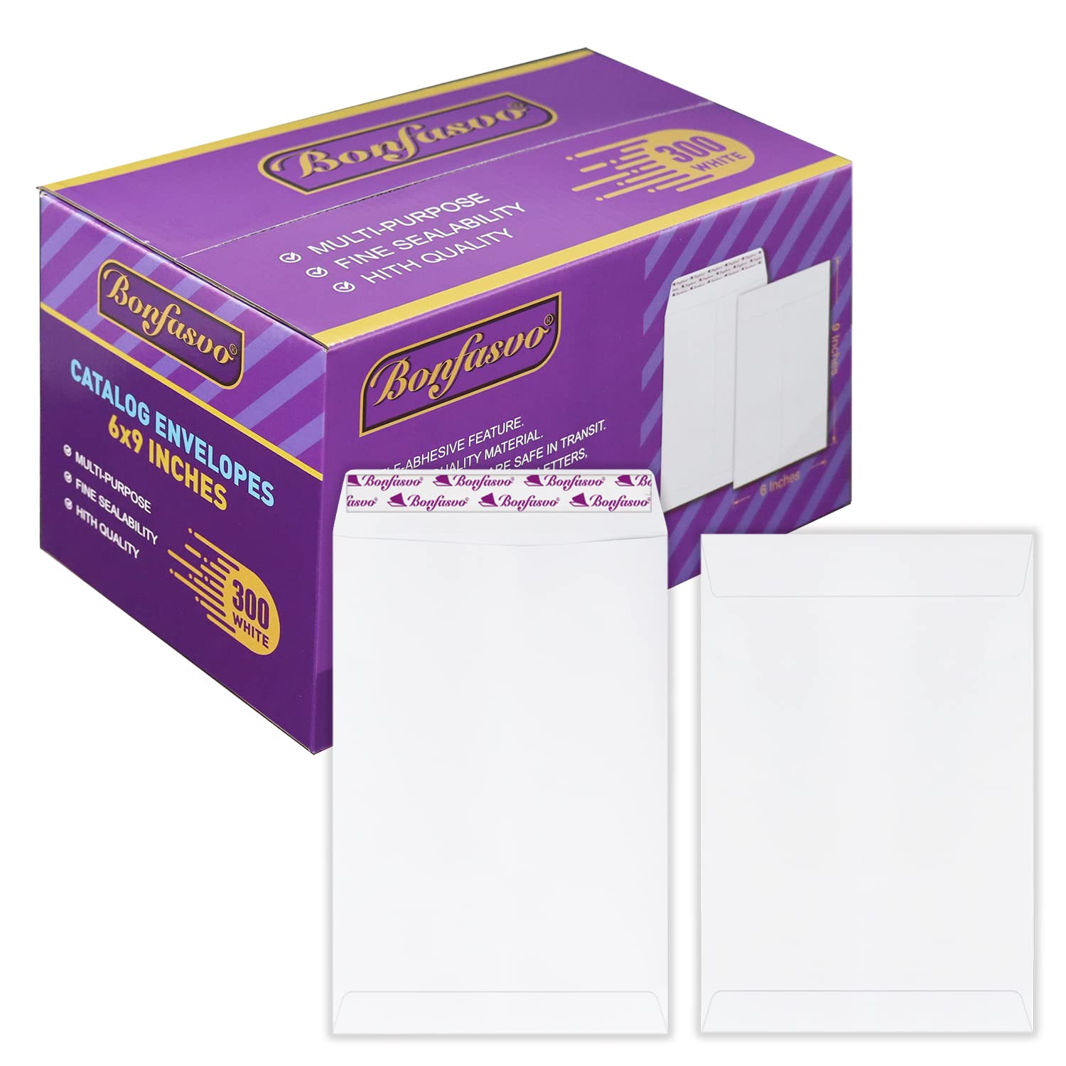Photo 1 of Bonfasvo 300 Pack 6x9 White Catalog Envelopes Peel & Seal Security Mailing Envelopes 120GSM Kraft Paper self Seal Envelopes for Invitations Papers Photos Documents Pictures Papers Files