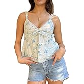 Women Babydoll Floral Print Tank Tops Teen Girls Ruffle Hem Cami V Neck Backless Going Out Crop Tops
