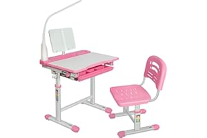 Diroan Kids Functional Desk and Chair Set, Ergonomic Height Adjustable Children School Study Desk with Tilt Desktop, Book Stand, LED Light, Metal Hook and Storage Drawer for Boys Girls(Pink)