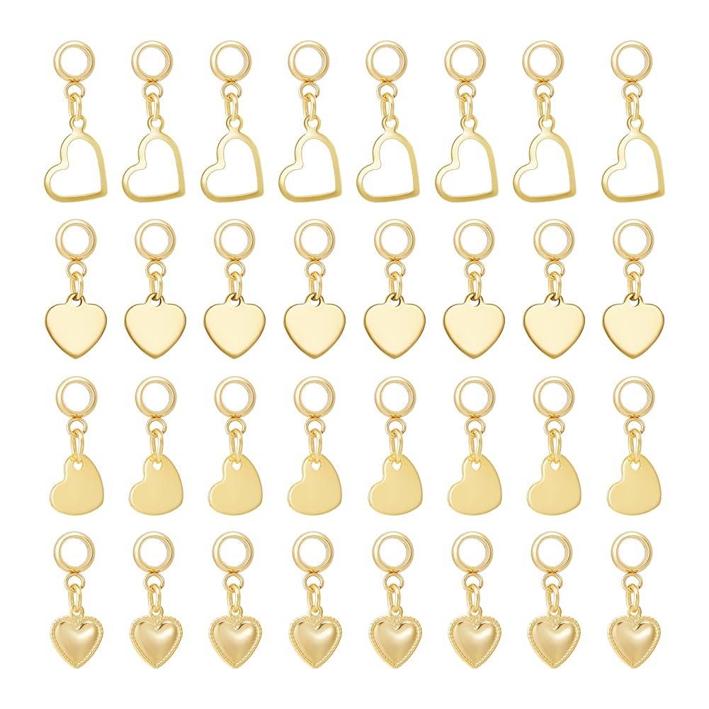 UNICRAFTALE about 40Pcs 4 Styles 304 Stainless Steel European Dangle Charms Golden Heart Large Hole Charms Metal Embellishments Hollow Solid Pendants 10-14mm Long for DIY Jewelry Making