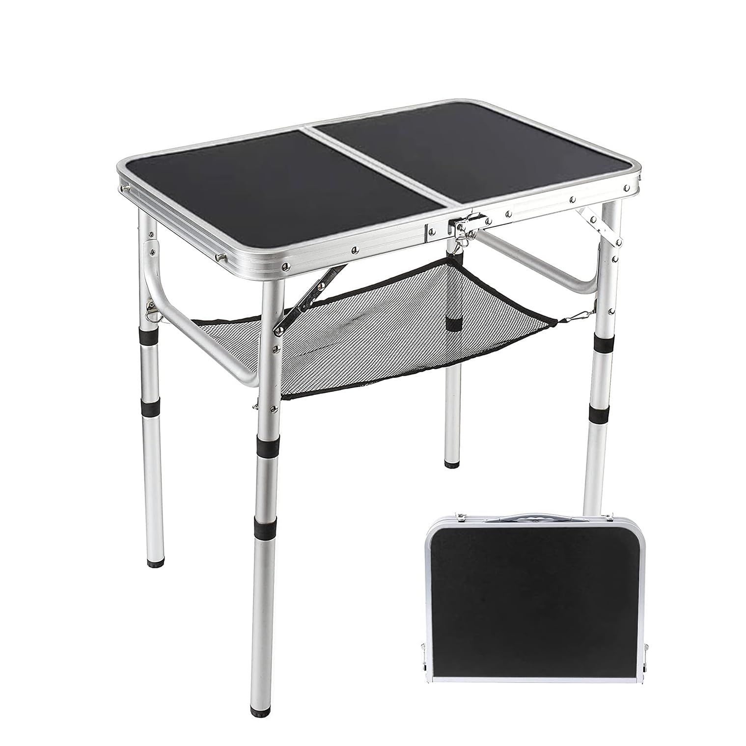 Photo 1 of YUFIFAIRY Small Folding Table 2 Foot, Portable Camping Table with Mesh Holders,Lightweight Aluminum Adjustable Height, with Carry Handle for Camping Picnic Indoor Outdoor, White 24 x 16 inch (Black