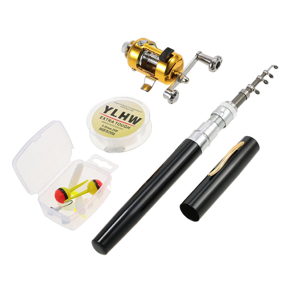Lixada Mini Telescopic Portable Pocket Pen Fishing Rod Reel Combo Set with Fishing Line ,Baits Jig Hooks Soft Lures Box Black