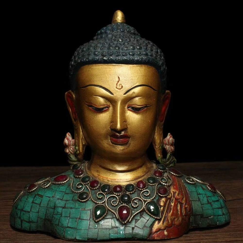 SIYAO Christmas 6" Tibet Buddhism Bronze Inlay Turquoise Gem Shakyamuni Bust Buddha Statue