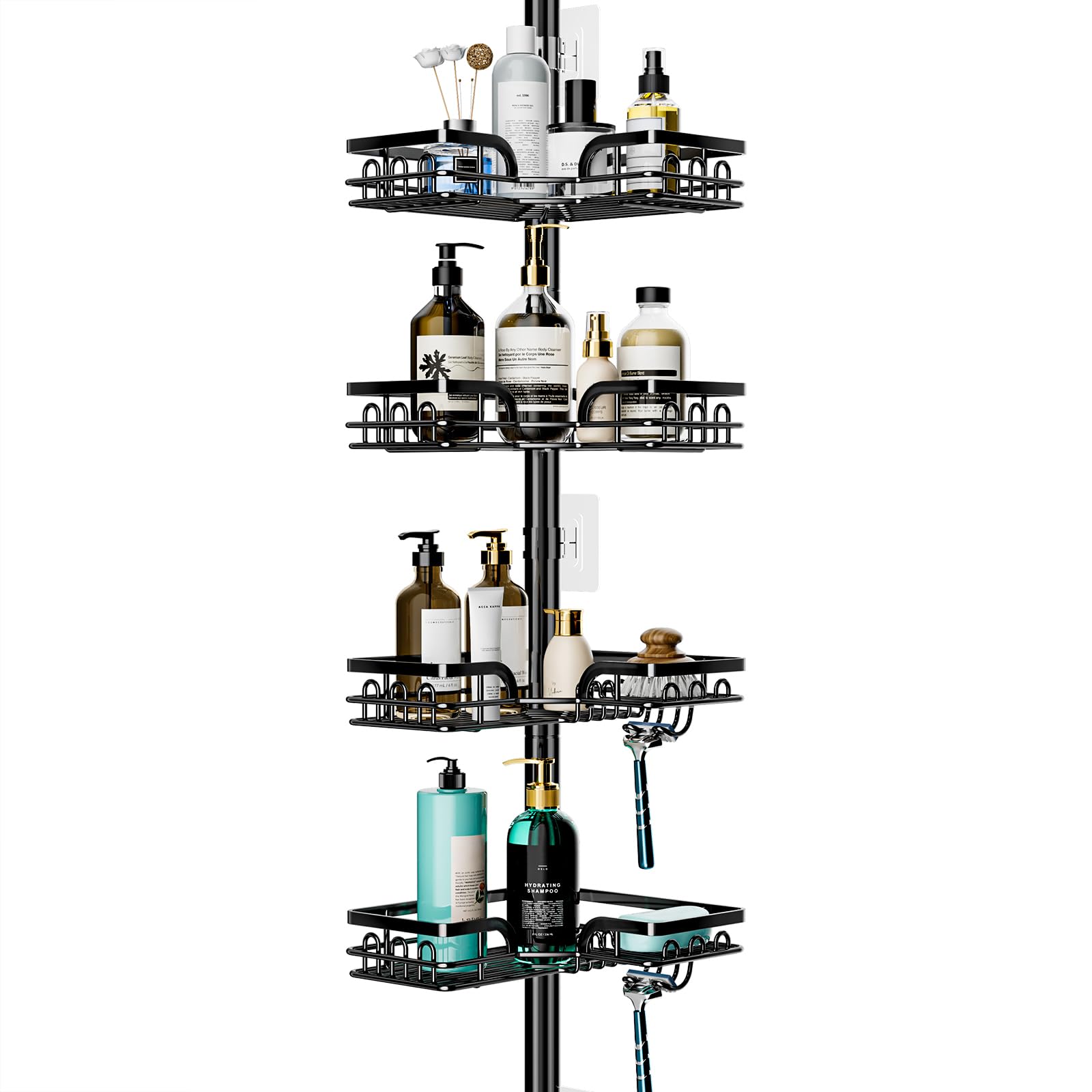 HapiRm Telescopic Shower Caddy Corner - Height Adjustable Bathroom Shelf from 26.4 to 108.3 inch, Rustproof Shower Caddy with 4 Tier & 22 Hooks, No Drilling Shower Shelf, Bathroom Shelves