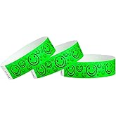 500 WristCo Neon Green Smiley Face Tyvek Wristbands for Events - ¾” x 10” - Waterproof Recyclable Comfortable Tear Resistant Paper Bracelets Wrist Bands for Concerts Festivals Admission Party