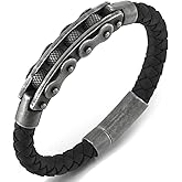 COOLSTEELANDBEYOND Mens Steel Vintage Old Metal Motorcycle Bike Chain Mechanic, Black Braided Leather Bangle Bracelet