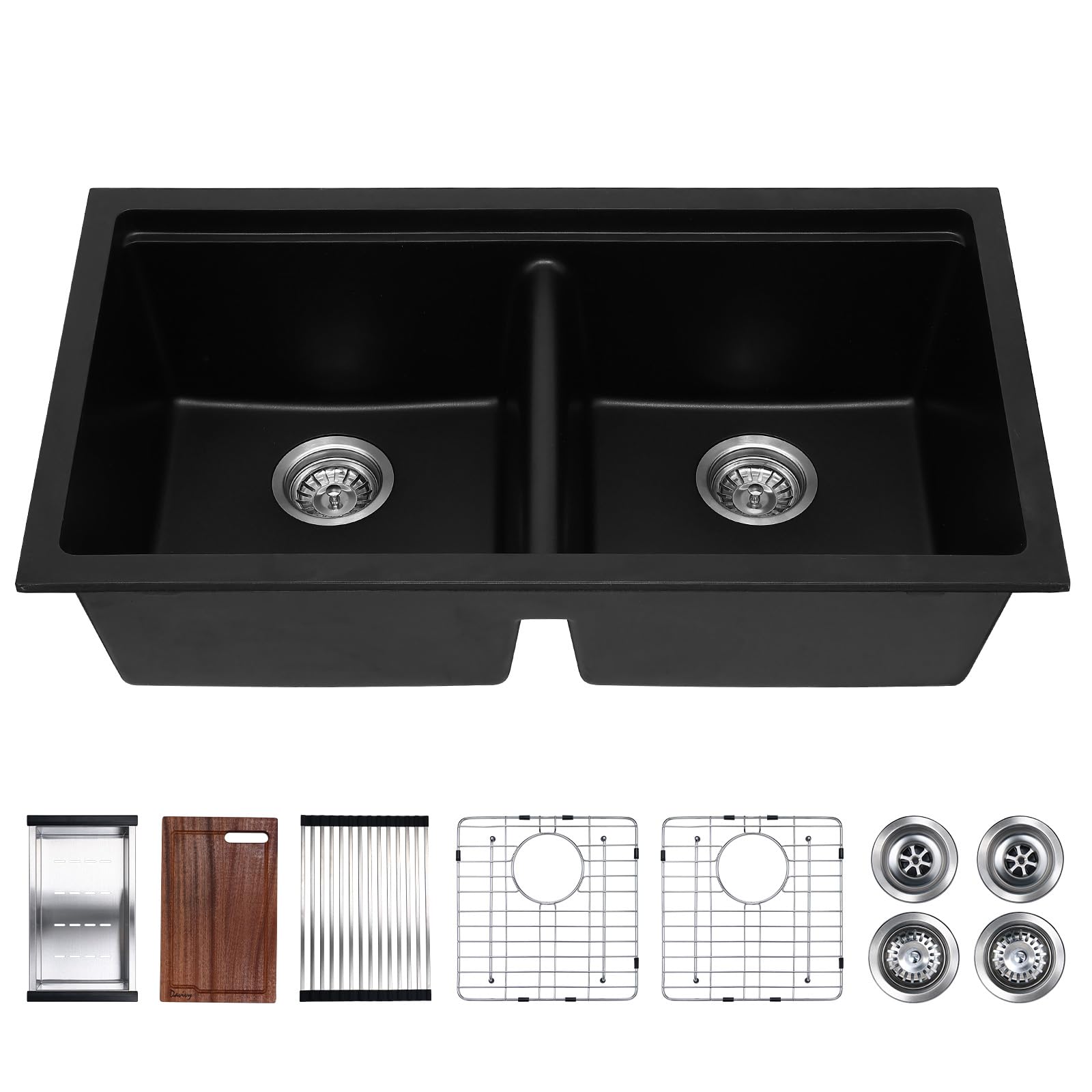 Photo 1 of *FOR PARTS ONLY* Davivy 33 x 18 Black Granite Composite Double Bowl Kitchen Sink, 33 Inch Quartz Dual Mount Workstation, Matte Black Composite 50/50 Sink with Accessories
