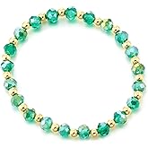 COOLSTEELANDBEYOND Womens Green Crystal and 18K Gold-Plated Beads Bracelet, Faceted Crystal Beads Stretch Bracelet, Boho Chic