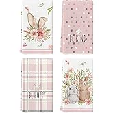 Artoid Mode Pink Bunny Rabbit Ears Floral Leaves Easter Kitchen Towels Dish Towels, 18x26 Inch Be Kind Seasonal Decoration Hand Towels Set of 4