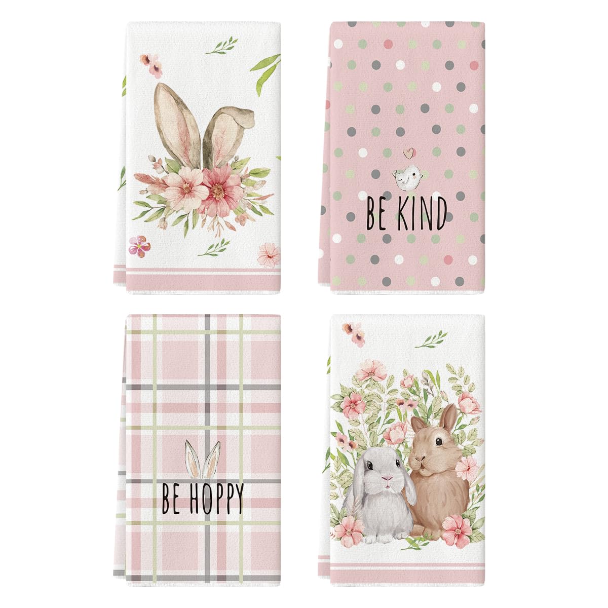 Photo 1 of Artoid Mode Pink Bunny Rabbit Ears Floral Leaves Easter Kitchen Towels Dish Towels, 18x26 Inch Be Kind Seasonal Decoration Hand Towels Set of 4