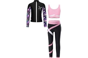 Freebily Kid 3 Pieces Girl Sports Dance Outfit Crop Tank Top with Athletic Leggings and Long Sleeve Jacket Set Tracksuit