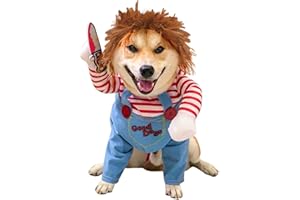 SUNNYLISA Dog Halloween Costume,Funny Chucky Dog Costume with Pet Wig,Cosplay Scary Outfit with Knife Clothes for Dogs (Medium)