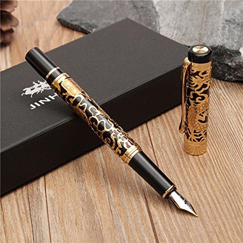Global Brands Online JINHAO 5000 Black And Golden Medium Nib Fountain Pen Dragon Embossed