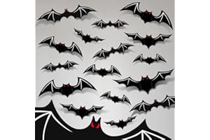 AKEROCK Bats Halloween Decorations Indoor, 90 Pcs 3D Bats for Halloween Decor, Halloween Bats Wall Decor with Glow in The Dark Eyes & Skeleton, 3 Styles in 3 Sizes Each, 136 Pcs of Tape Included