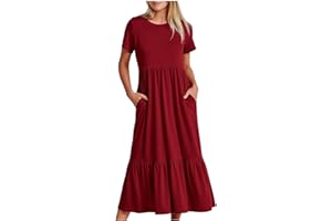 QotLoyi Maxi Dresses for Women 2024 Casual Summer Short Sleeve Sundress Loose Pleated Tiered Flowy Beach Dress with Pockets