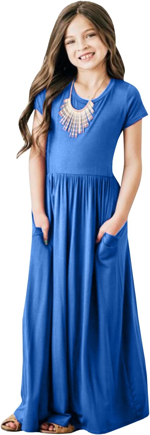 Girls Casual Short Sleeve Fit and Flare Maxi Dress Empire Waist Plain Pleated Swing Dresses with Pockets 3-12 Yesters Old