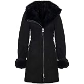 Infinity Leather Women's Black Hooded Suede Merino Shearling Sheepskin Toscana Jacket Coat
