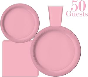 Serves 50 | Complete Party Pack | Light Pink | 9" Dinner Paper Plates | 7" Dessert Paper Plates | 9 oz Cups | 3 Ply Napkins | Light Pink/Baby Shower Party Theme