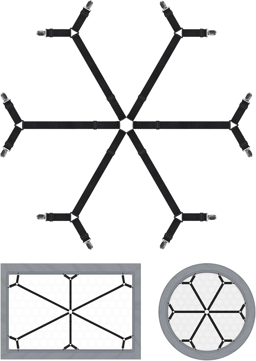 Sheet Straps Elastic Crisscross Bed Sheet Fasteners Suspenders, 6 Way Black Adjustable Bed Sheet Holder Straps, Fitted Sheet Clips for Full, Queen, King Twin Bed (6 in 1 Belt with 12 Clips): Home & Kitchen