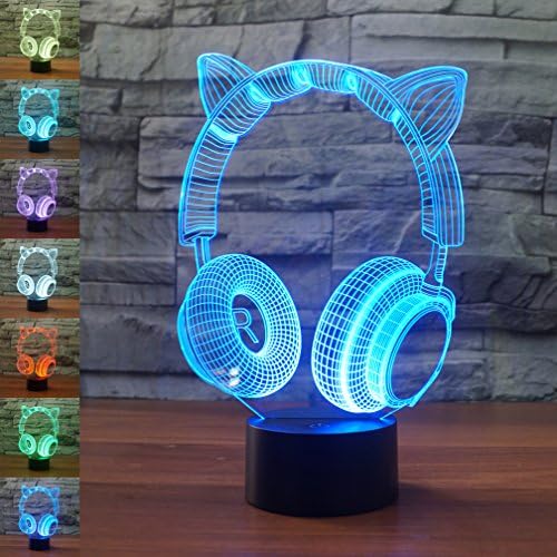 Cat Ear Headphone 3D Birthday Gift Illusion Beside Table Lamp, Gawell 7 Color Changing Touch Switch Decoration Lamps Mother's Day Gift with Acrylic Flat & ABS Base & USB Cable Cat Lover Theme Toy